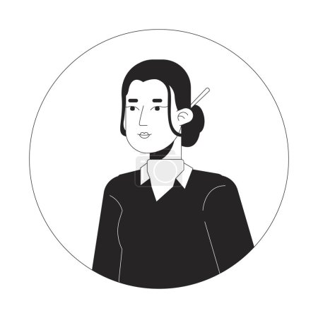Illustration for Asian office lady wearing chinese hairpin black and white 2D vector avatar illustration. Relaxed standing outline cartoon character face isolated. Female worker casual flat user profile image - Royalty Free Image