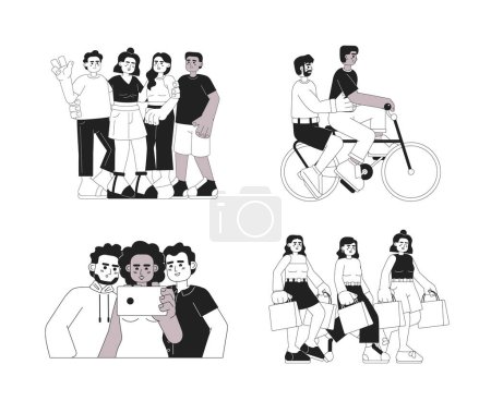 Illustration for Friends activities monochromatic flat vector characters set. Spending time together. Editable thin line full body people on white. Simple bw cartoon spot images collection for web graphic design - Royalty Free Image