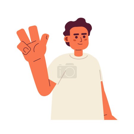 Téléchargez les illustrations : Homme musulman montrant signe de victoire semi plat couleur vecteur caractère. Un geste de main. La paix. Personne modifiable demi-corps sur blanc. Illustration simple de spot de dessin animé pour la conception graphique web - en licence libre de droit