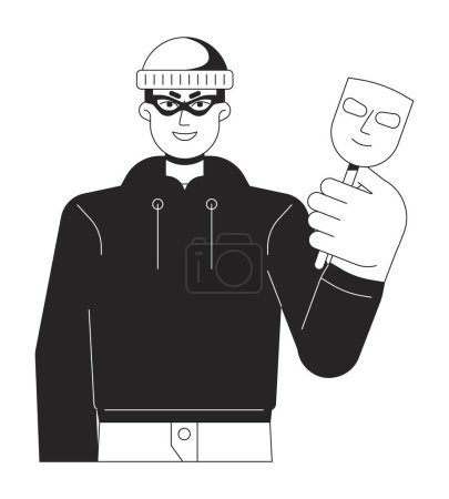 Illustration for Man stealing personal information flat line black white vector character. Theft with fake identity. Editable outline half body person. Simple cartoon isolated spot illustration for web graphic design - Royalty Free Image