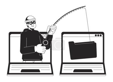 Illustration for Phishing confidential information bw concept vector spot illustration. Phishing attack2D cartoon flat line monochromatic character for web UI design. Editable isolated outline hero image - Royalty Free Image