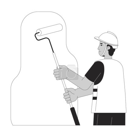 Illustration for Hispanic construction worker painting walls black and white 2D line cartoon character. Male latino labourer holding paint roller isolated vector outline person. Monochromatic flat spot illustration - Royalty Free Image
