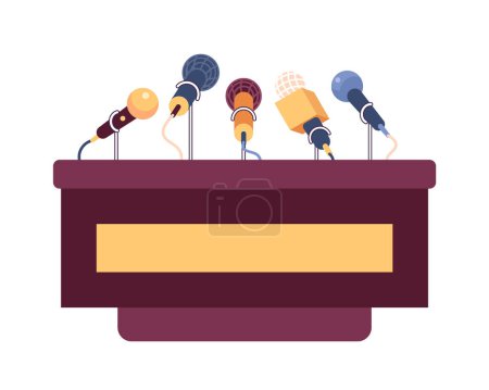 Illustration for Press conference podium microphones 2D cartoon object. Public speaking. Media briefing isolated vector item white background. Politician speech. Public relations color flat spot illustration - Royalty Free Image