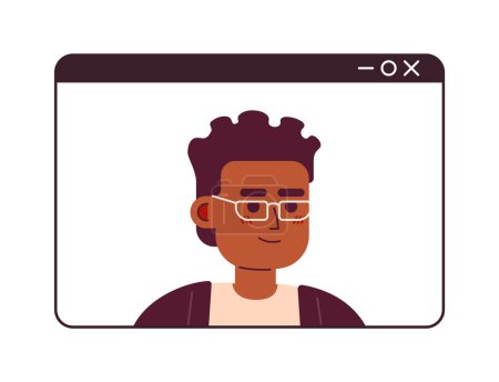 Illustration for Video call african american eyeglasses man 2D cartoon character. Webinar screen black young male isolated vector person white background. Digital entrepreneur conference color flat spot illustration - Royalty Free Image