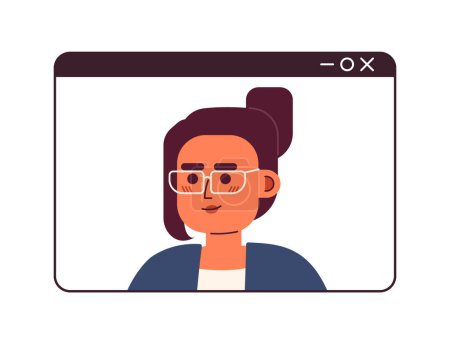 Illustration for Video call middle eastern woman eyeglasses 2D cartoon character. Webinar screen arab female isolated vector person white background. Millennial worker. Videoconference color flat spot illustration - Royalty Free Image