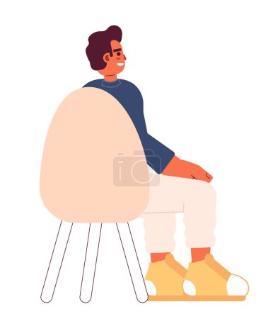 Illustration for Middle eastern guy sitting in chair back view 2D cartoon character. Arab young adult man seminar attendee isolated vector person white background. Millennial entrepreneur color flat spot illustration - Royalty Free Image