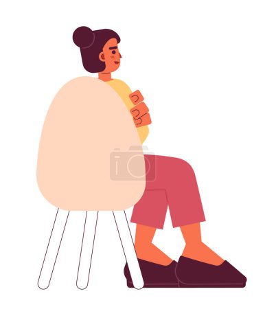 Illustration for South asian adult woman sitting in chair back view 2D cartoon character. Middle eastern girl isolated vector person white background. Engaged worker. Lecture participate color flat spot illustration - Royalty Free Image