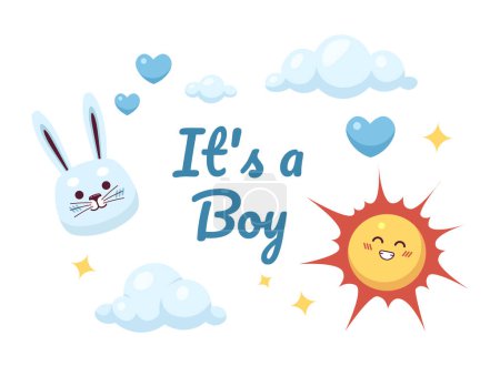Illustration for Boy baby shower ecard greeting card design. Sunny clouds colorful flat illustration white background. Kid newborn. Cute rabbit dreamy sky 2D cartoon vector image, event special occasion postcard - Royalty Free Image