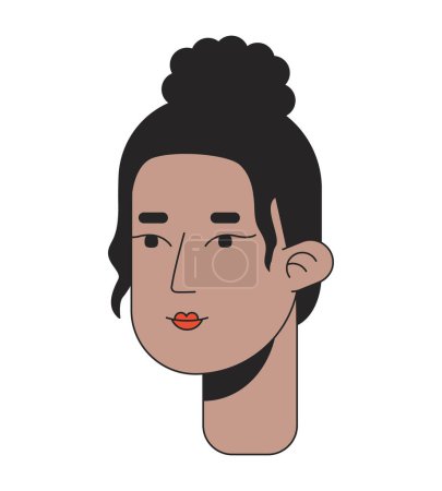 Illustration for Curly high bun black girl 2D linear cartoon character head. African american young woman with top knot bun isolated line vector person face white background. Casual female color flat spot illustration - Royalty Free Image