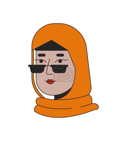 Illustration for Gen z hijab woman young adult 2D linear cartoon character head. Sunglasses girl muslim isolated line vector person face white background. Scarf hijab fashion color flat spot illustration - Royalty Free Image