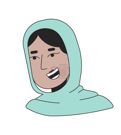 Illustration for Scarf hijab positive woman 2D linear cartoon character head. Young adult muslim lady smiling cheerfully isolated line vector person face white background. Arab female color flat spot illustration - Royalty Free Image