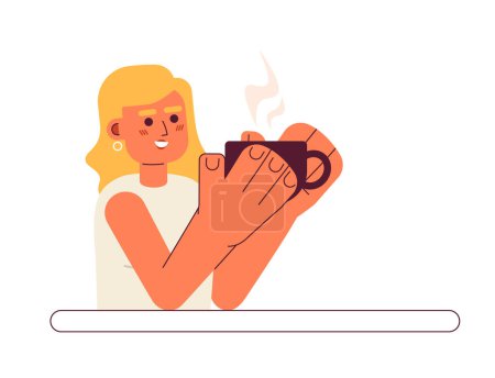 Illustration for Cheerful caucasian girl semi flat color vector character. Young woman drinking coffee. Caffetteria. Editable half body person on white. Simple cartoon spot illustration for web graphic design - Royalty Free Image