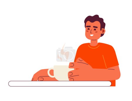 Illustration for Hispanic man on meeting semi flat color vector character. Drinking coffee. Optimistic. Editable half body person on white. Simple cartoon spot illustration for web graphic design - Royalty Free Image