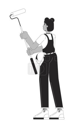 Illustration for African american handywoman holding paint roller black and white 2D line cartoon character. Black female decorator isolated vector outline person. Renewal home monochromatic flat spot illustration - Royalty Free Image