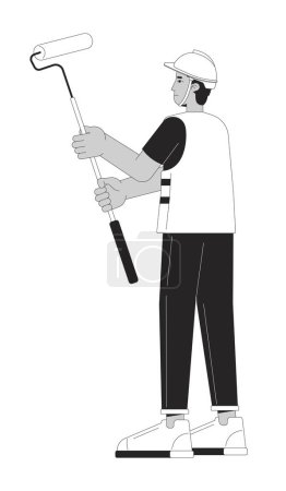 Illustration for Latin american adult painter holding paint roller black and white 2D line cartoon character. Hispanic guy interior decorator isolated vector outline person. Monochromatic flat spot illustration - Royalty Free Image