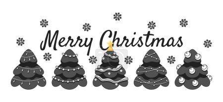 Illustration for Congratulations Merry Christmas monochrome greeting card vector. Snowflakes Christmas trees black and white illustration greetingcard. Winter 2D outline cartoon ecard, special occasion postcard image - Royalty Free Image
