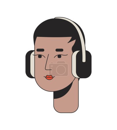 Illustration for Black short haired woman wearing headphones 2D linear cartoon character head. African american girl dj isolated line vector person face white background. Fade haircut lady color flat spot illustration - Royalty Free Image