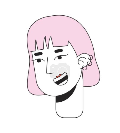 Illustration for Pink haired korean kpop girl 2D linear cartoon character head. Ear piercings asian female isolated line vector person face white background. Bob haircut with bangs color flat spot illustration - Royalty Free Image