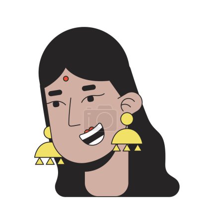 Illustration for Traditional hindu woman smiling 2D linear cartoon character head. Indian bride isolated line vector person face white background. South asian lady wearing bindi color flat spot illustration - Royalty Free Image