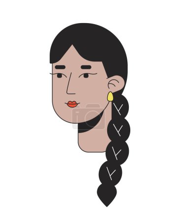 Ilustración de Mujer sudasiática con cabeza de personaje de dibujos animados lineal 2D trenza larga. Joven hembra adulta con cabello trenzado aislado línea vector persona cara fondo blanco. Ilustración plana a color tradicional - Imagen libre de derechos