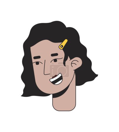 Illustration for Smiling latina girl wavy bob with hair clip 2D linear cartoon character head. Hispanic young adult isolated line vector person face white background. Brunette bob color flat spot illustration - Royalty Free Image