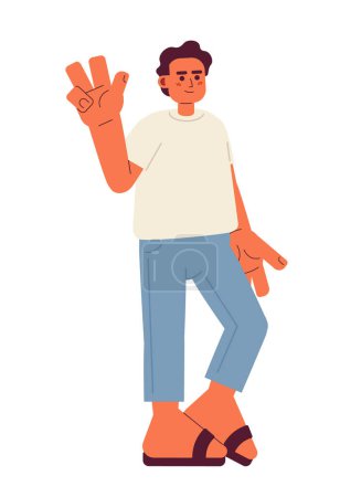Ilustración de Hombre musulmán alegre carácter vector de color semi plano. Signo de paz. Un gesto de mano. Persona de cuerpo completo editable en blanco. Ilustración simple de dibujos animados para el diseño gráfico web - Imagen libre de derechos