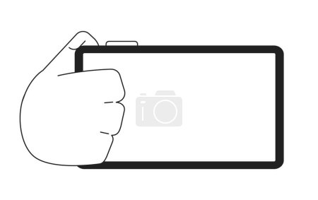 Illustration for Holding smartphone monochrome flat vector hand. Mobile phone screen. Editable black and white thin line icon. Simple cartoon clip art spot illustration for web graphic design - Royalty Free Image