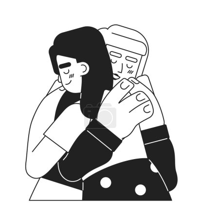 Illustration for Women hugging monochromatic flat vector characters. Tight hug. Multinational friends. Editable thin line half body people on white. Simple bw cartoon spot image for web graphic design - Royalty Free Image