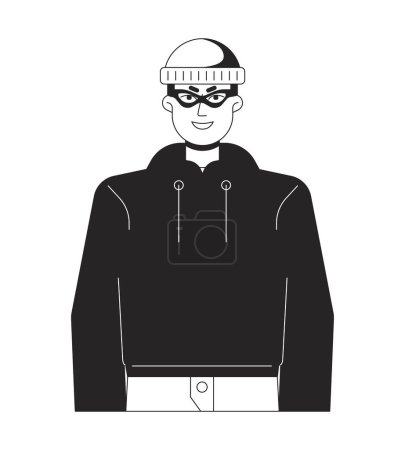 Illustration for Thief in cap gloating flat line black white vector character. Young caucasian man in hoodie. Editable outline half body person. Simple cartoon isolated spot illustration for web graphic design - Royalty Free Image