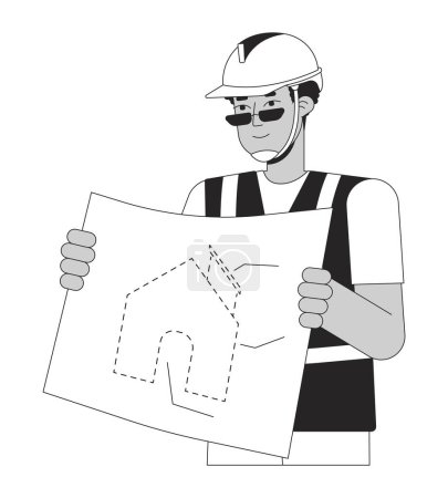 Illustration for Black man contractor with blueprint black and white 2D line cartoon character. African american male builder isolated vector outline person. New home construction monochromatic flat spot illustration - Royalty Free Image