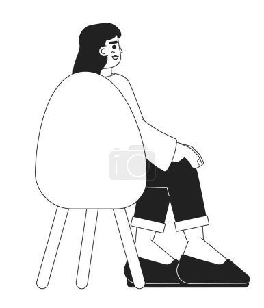 Illustration for Hispanic young adult woman sitting in chair back view black and white 2D cartoon character. Latin american female isolated vector outline person. Attendee latina monochromatic flat spot illustration - Royalty Free Image