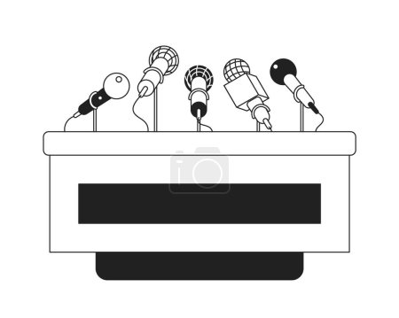 Illustration for Press conference podium microphones black and white 2D cartoon object. Public speaking. Media briefing isolated vector outline item. Public relations monochromatic flat spot illustration - Royalty Free Image