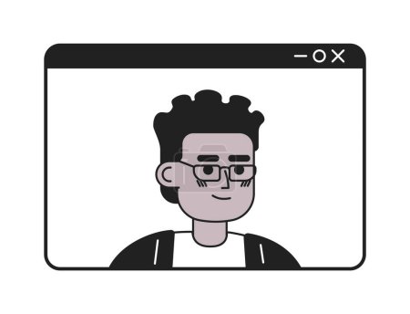 Ilustración de Videollamada afroamericana gafas hombre negro y blanco personaje de dibujos animados 2D. Pantalla webinar negra joven varón aislado vector contorno persona. Empresario monocromático plano punto ilustración - Imagen libre de derechos