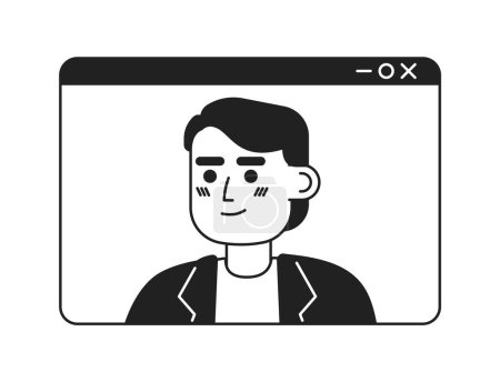 Illustration for Video call caucasian young adult man black and white 2D cartoon character. Webinar screen european guy isolated vector outline person. Videoconference speaker monochromatic flat spot illustration - Royalty Free Image