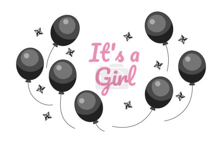 Illustration for Its girl gender reveal balloons monochrome greeting card vector. Pregnancy baby shower black and white illustration greetingcard. Anticipation 2D outline cartoon ecard, special occasion postcard image - Royalty Free Image