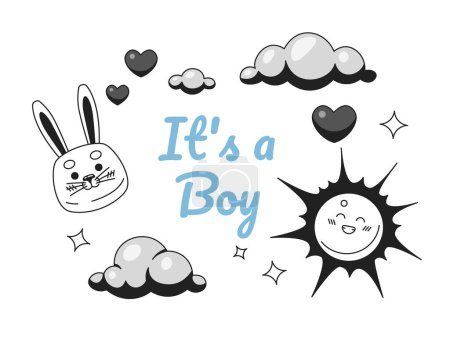 Illustration for Boy baby shower monochrome greeting card vector. Sunny clouds black and white illustration greetingcard. Kid newborn. Cute rabbit dreamy sky 2D outline cartoon ecard, special occasion postcard image - Royalty Free Image