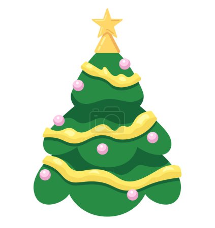 Illustration for Star Christmas tree decorated tinsel 2D cartoon object. Classic baubles, garlands xmas pine tree isolated vector item white background. Christmas spirit accessories color flat spot illustration - Royalty Free Image