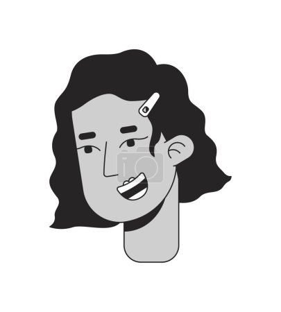 Illustration for Smiling latina girl wavy bob with hair clip black and white 2D line cartoon character head. Hispanic young adult isolated vector outline person face. Brunette monochromatic flat spot illustration - Royalty Free Image