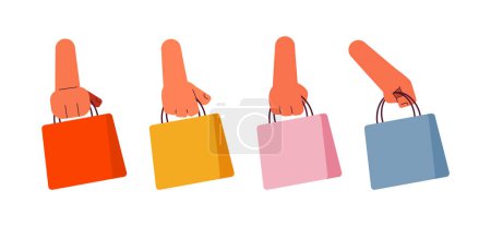 Illustration for Shopping semi flat colour vector hands set. Holding paper bag with purchases. Editable cartoon clip art icons on white background. Simple spot illustration pack for web graphic design - Royalty Free Image
