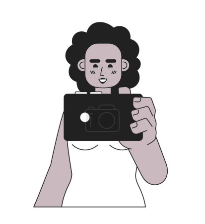 Illustration for Joyful afro woman with smartphone monochromatic flat vector character. Watching video. Editable thin line half body female person on white. Simple bw cartoon spot image for web graphic design - Royalty Free Image