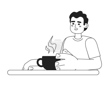 Illustration for Hispanic man on meeting monochromatic flat vector character. Drinking coffee. Optimistic. Editable thin line half body person on white. Simple bw cartoon spot image for web graphic design - Royalty Free Image