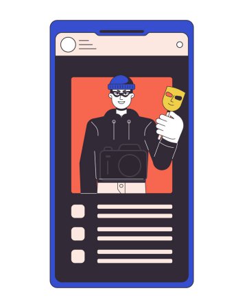 Illustration for Theft identity flat line concept vector spot illustration. Thief stealing confidential data. Smartphone screen 2D cartoon outline object on white for web UI design. Editable isolated color hero image - Royalty Free Image