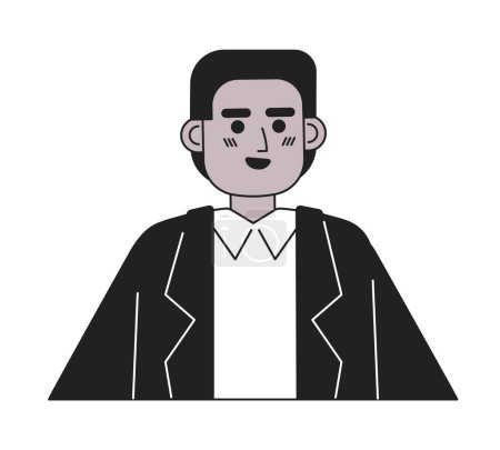 Illustration for Excited smiling black man in suit black and white 2D cartoon character. African american young guy in formal clothing isolated vector outline person. Mood happy monochromatic flat spot illustration - Royalty Free Image