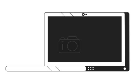 Illustration for Laptop with blank screen black and white 2D cartoon object. Notebook open isolated vector outline item. Home office equipment. Electronics. Tech technology monochromatic flat spot illustration - Royalty Free Image