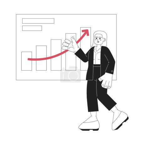 Illustration for Middle eastern woman graphs pointing black and white 2D cartoon character. Arab young adult female speaker showing presentation isolated vector outline person. Monochromatic flat spot illustration - Royalty Free Image