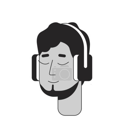 Ilustración de Hombre árabe barbudo con auriculares en blanco y negro 2D línea de dibujos animados cabeza del personaje. Medio oriente adulto barba cortina barba aislado vector contorno persona cara. Ilustración plana monocromática - Imagen libre de derechos