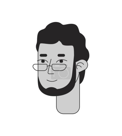 Illustration for Eyeglasses middle aged arab man black and white 2D line cartoon character head. Middle eastern adult guy eyewear isolated vector outline person face. Bearded male monochromatic flat spot illustration - Royalty Free Image