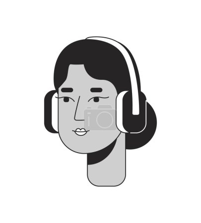 Illustration for Middle eastern lady wearing headphones black and white 2D line cartoon character head. Arab female melomaniac isolated vector outline person face. Adult earphones monochromatic flat spot illustration - Royalty Free Image