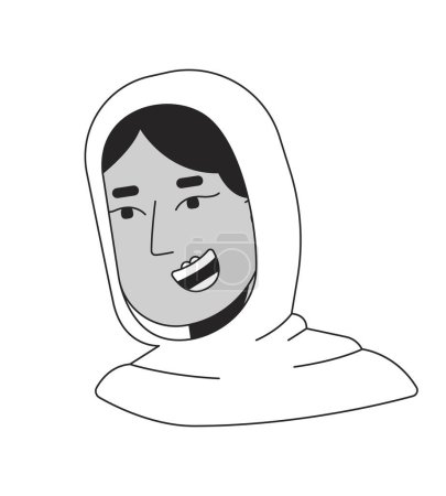 Ilustración de Bufanda hijab mujer positiva en blanco y negro 2D línea de dibujos animados cabeza del personaje. Joven adulto musulmán dama sonriendo alegremente aislado vector contorno persona cara. Ilustración plana monocromática - Imagen libre de derechos