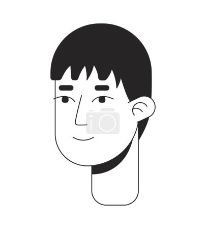 Téléchargez les illustrations : Coréen moyen jeune homme adulte noir et blanc ligne 2D tête de personnage de dessin animé. Japonais normal gars isolé vecteur contour visage de la personne. Illustration de taches plates monochromes timides et souriantes - en licence libre de droit